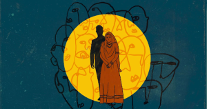 A silhouette of a couple standing together in front of a large, warm yellow circle on a dark background. Surrounding them are abstract outlines of faces, suggesting a connection to community or societal issues, with a focus on tradition and togetherness.