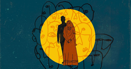 A silhouette of a couple standing together in front of a large, warm yellow circle on a dark background. Surrounding them are abstract outlines of faces, suggesting a connection to community or societal issues, with a focus on tradition and togetherness.