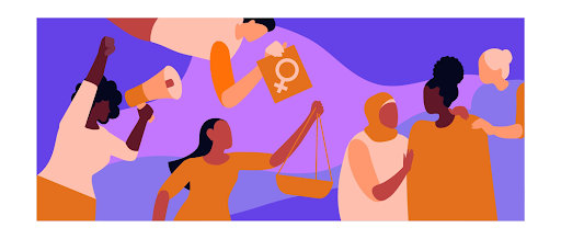 A vibrant illustration depicting a group of diverse women engaged in various forms of activism. One woman holds a megaphone, another raises her fist, and another carries scales, symbolizing justice. The background is a mix of purple and orange tones, conveying themes of empowerment and gender equality and domestic violence awareness