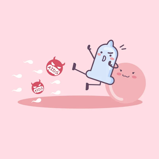 Graphic illustration of a cartoon condom fighting off STIs